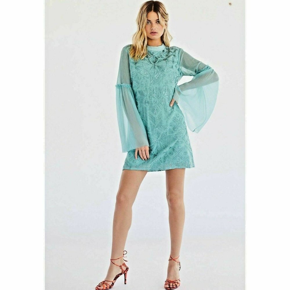 Free People Cleo Tonal Embroidered Mini Dress Aqua